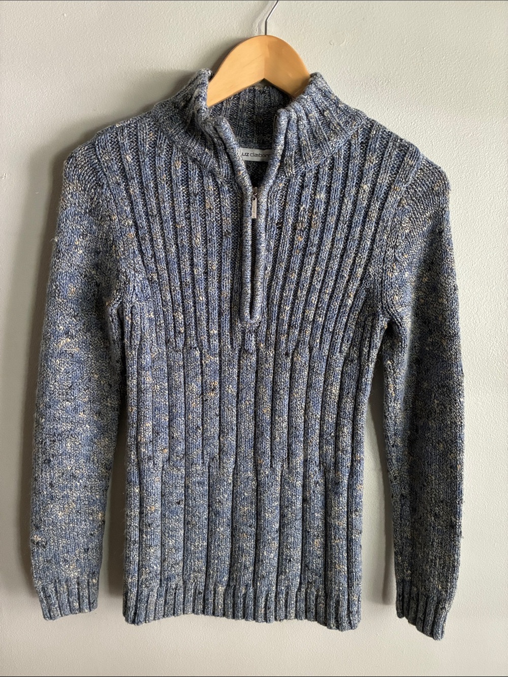 Liz Claiborne Blue Marled Chunky Knit Quarter Zip Sweater Medium Ribbed